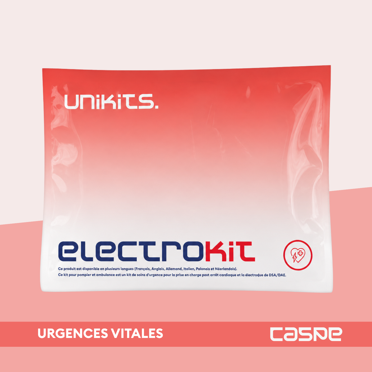 Kit de soins post arrêt cardiaque UNIKITS™ avec électrodes DSA/DEA pour réanimation et surveillance médicale.