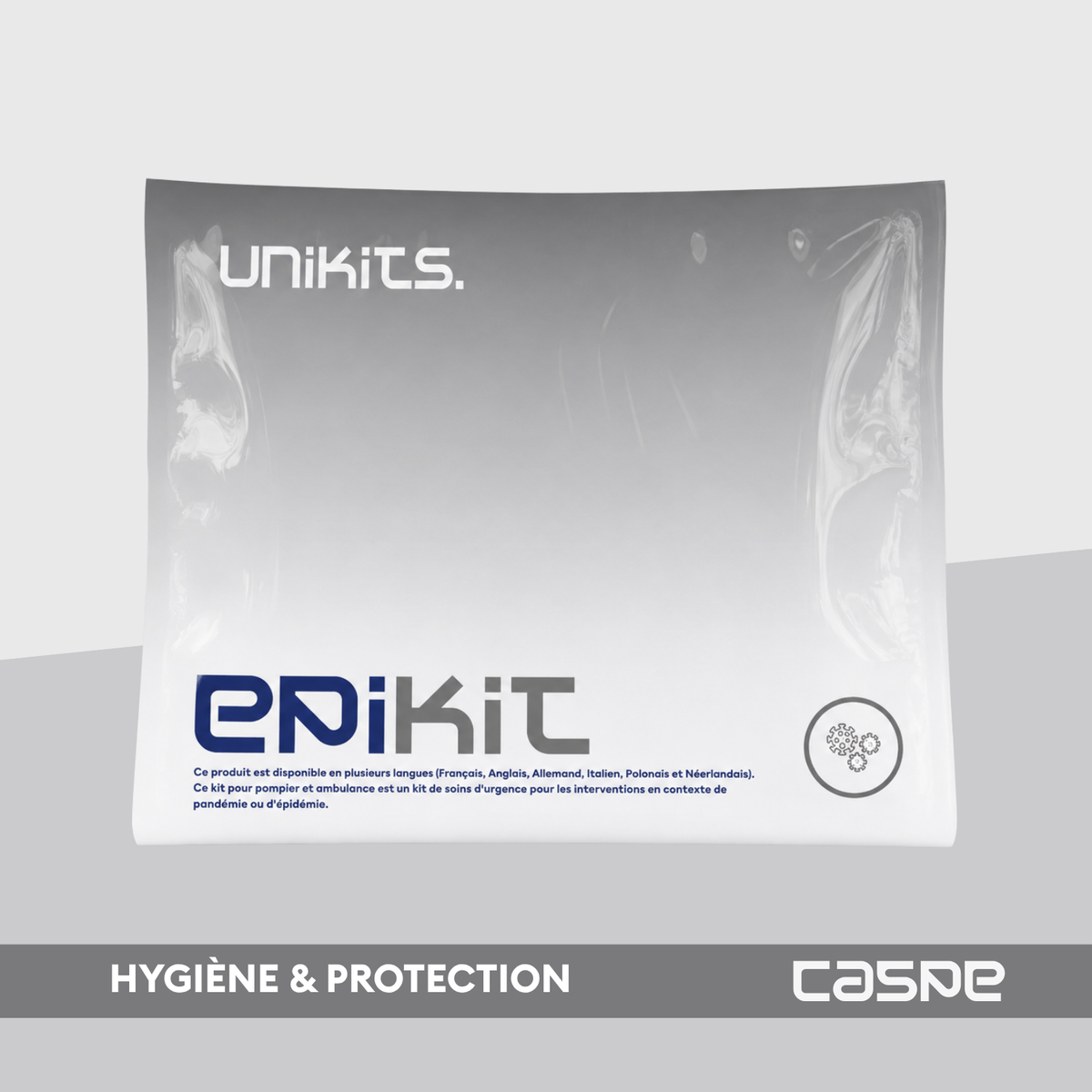 Kit médical UNIKITS EPIKIT pour intervention en épidémie ou pandémie, comprenant équipements de protection et matériel médical.